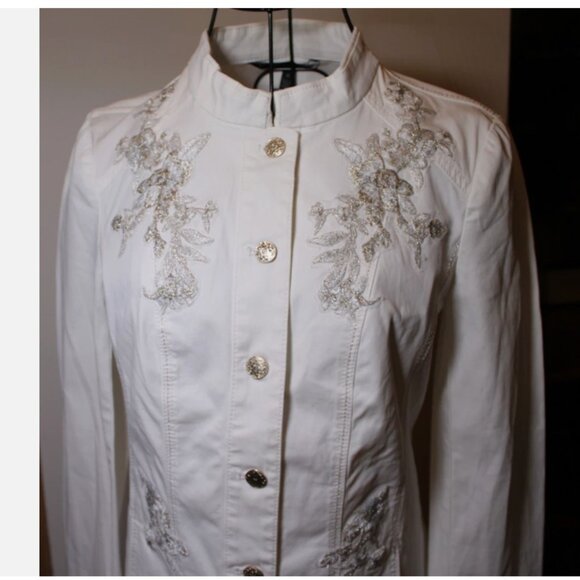 White House Black Market Silver Embroidered Dress Jacket Holiday Blazer Sz 0 - Picture 4 of 6